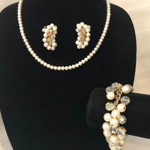 3pc Vintage White/Clear Beaded Gold Tone Earrings, Bracelet & Stauer White Neckl